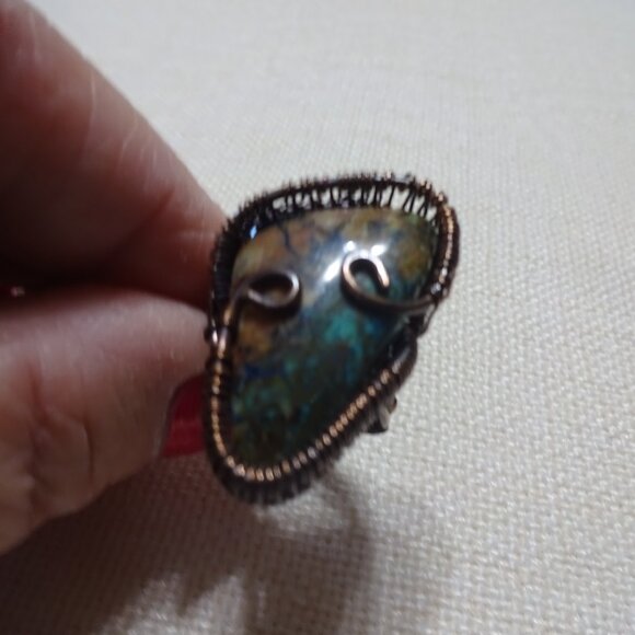 Natural LONE MOUNTAIN TURQUOISE Handmade COPPER WIRE-WRAPPED Ring Size 8 #787B - Picture 3 of 4